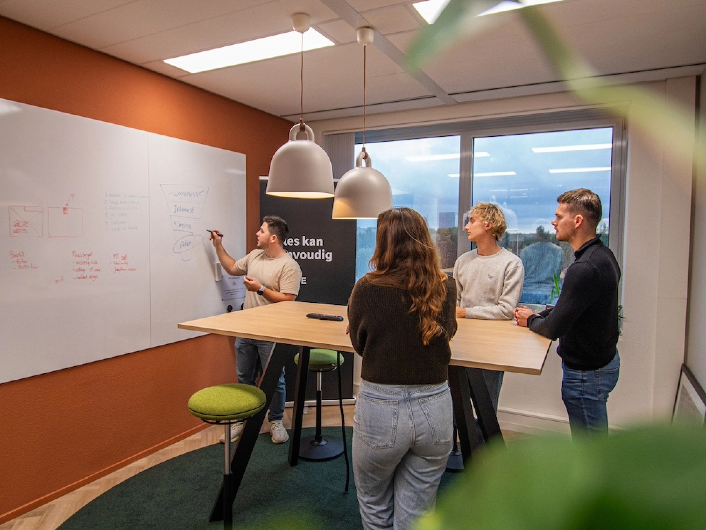 Werknemers van Happy Horizon aan het brainstormen in een meeting ruimte