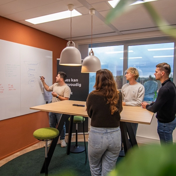 Werknemers van Happy Horizon aan het brainstormen in een meeting ruimte